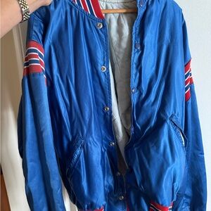 Vintage Blue Varsity Jacket with Red and White Stripes